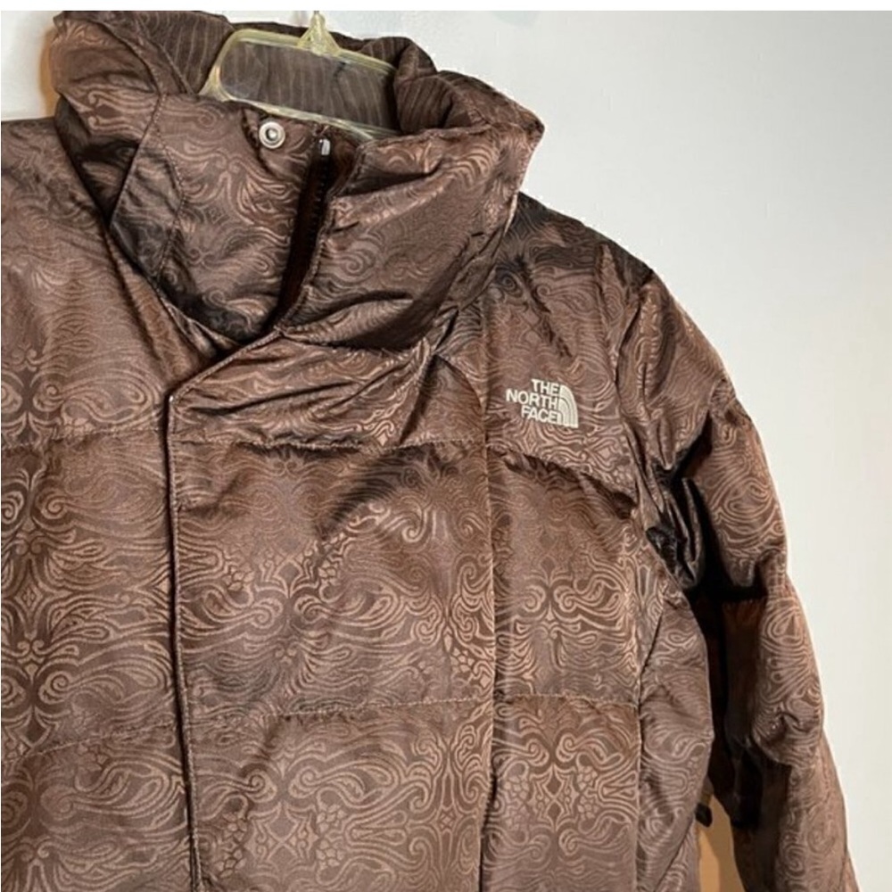The North Face brown patterned textured Recco 600 down snowboard ski jacket